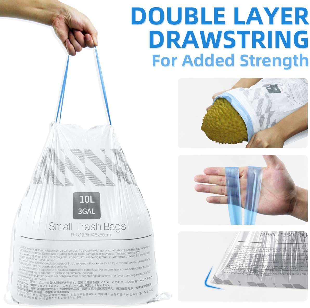 OKKEAI 2.6 Gallon Drawstring Trash Bags – 50 Count Printed Small Garbage Bags, Tear-Resistant & Leak-Proof Bin Liners, Odor Control, Safety Warning for Bathroom, Kitchen, Office