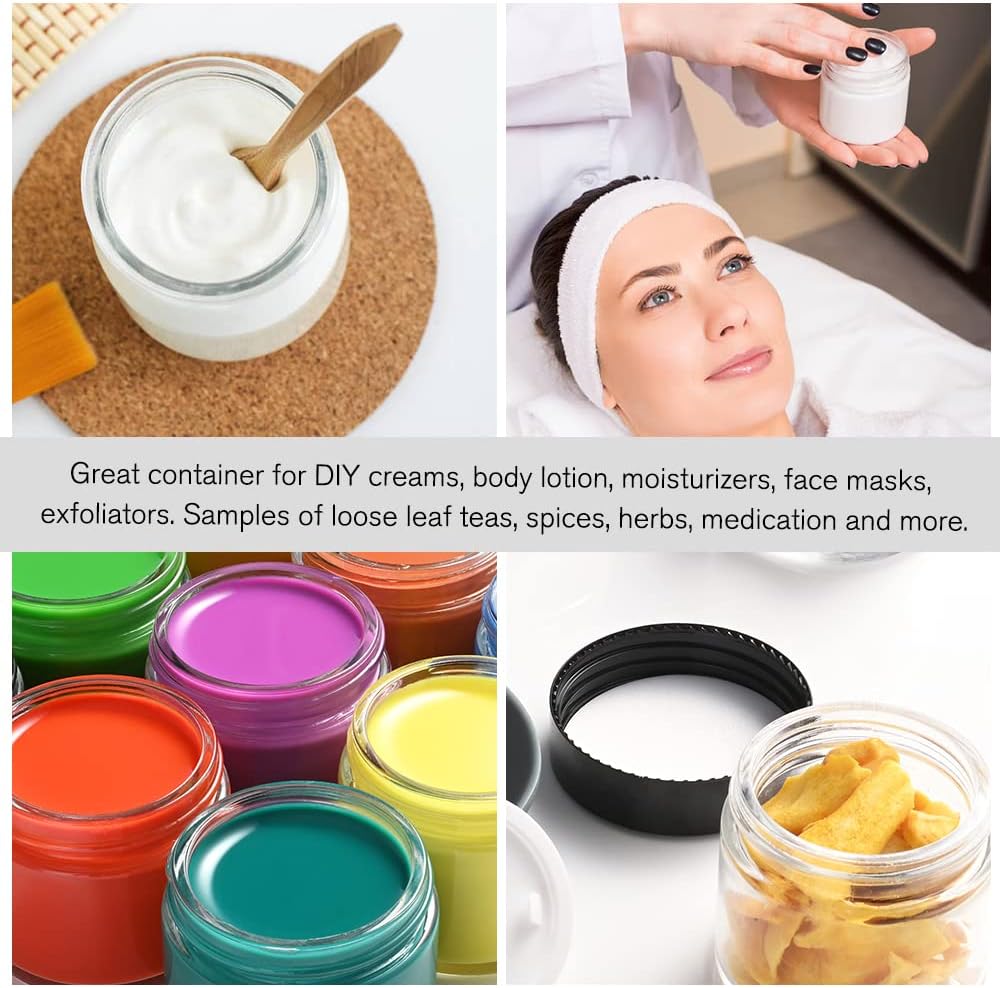 Tecohouse 4 oz Glass Jars with Lids, 48 Pack Clear Cream Canning Mason Jars with Lids, White Labels & Inner Liners, Empty Airtight Round Clear Slime Containers for Spice, Lotion, Ointments