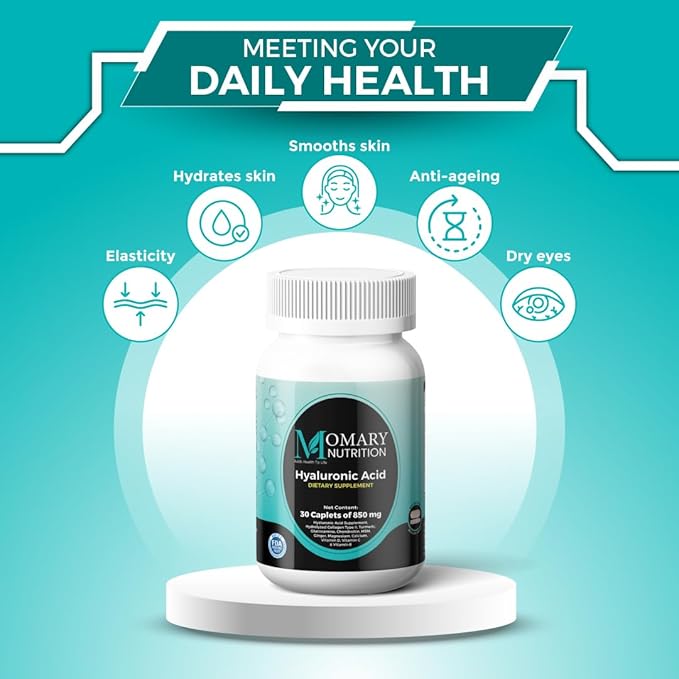 Hyaluronic Acid Supplement, Natural Skin Hydration, Advanced Joint Support and Mobility Booster, Type II Hydrolyzed Collagen, Turmeric, Glucosamine, Chondroitin, 30Caplets 850Mg