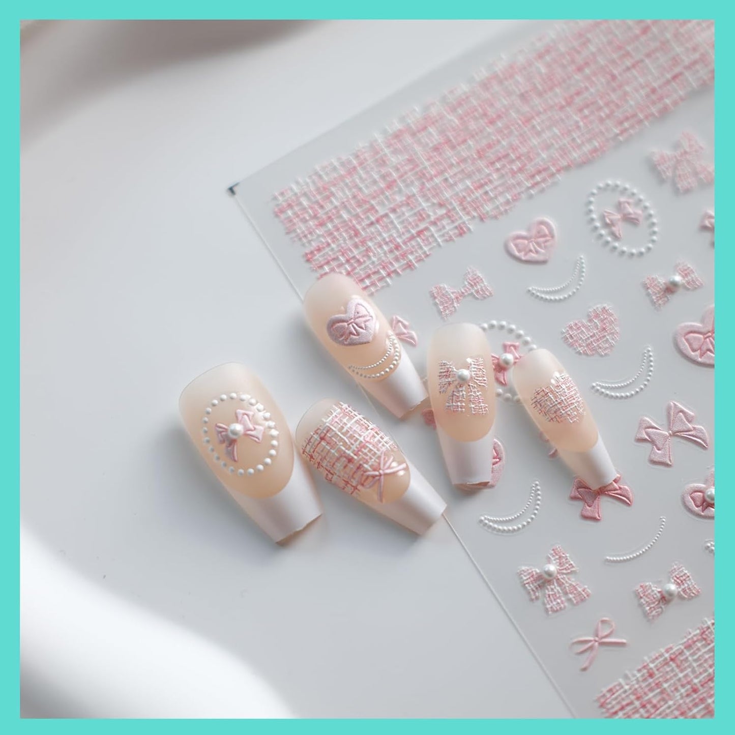 Pink Bow Nail Art Stickers, Embossed Elegant Cute Design, Pearl, Nail Accessories & Supplies, Durable & Long-Lasting