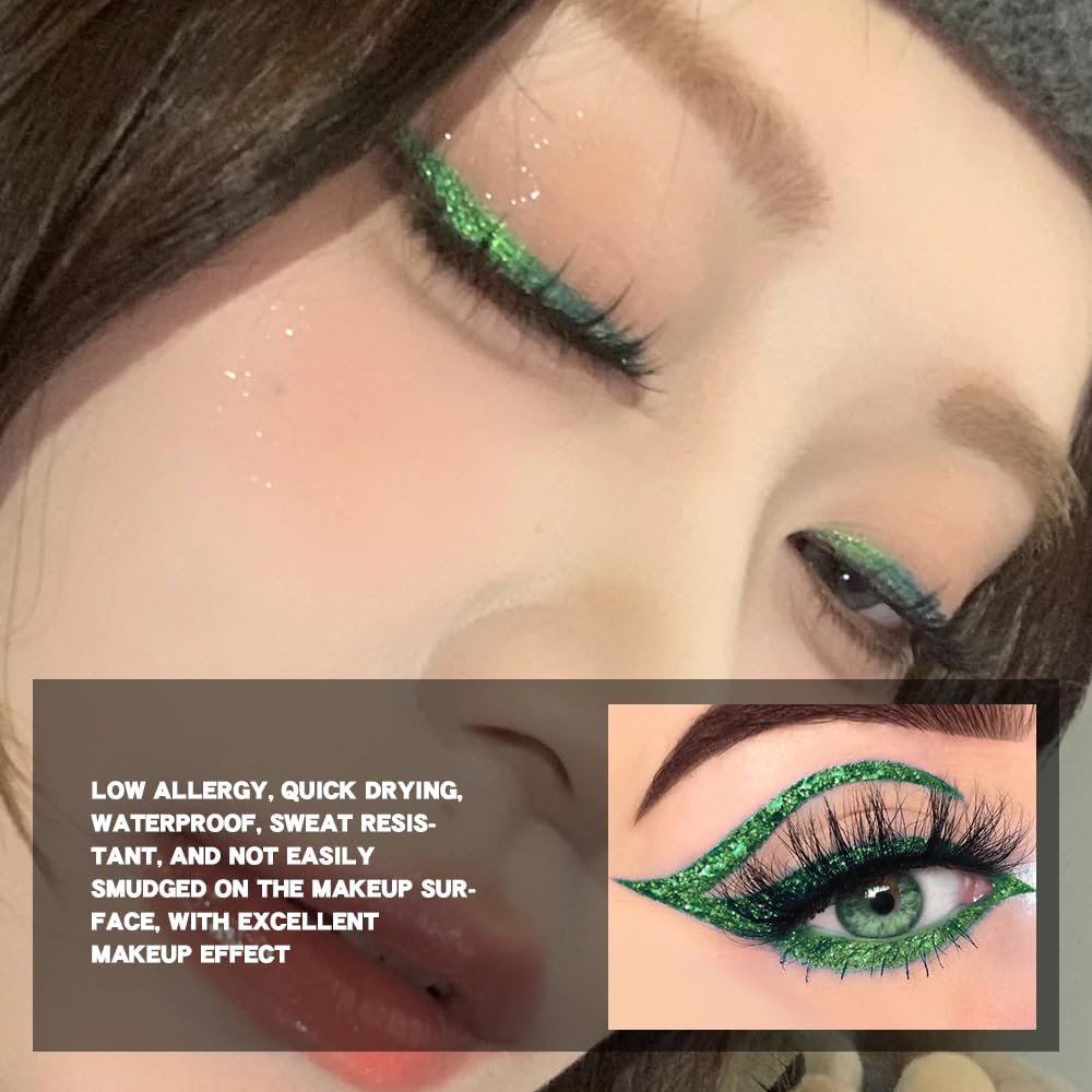 evpct 1Pcs Green Glitter Shimmer Liquid Eyeliner Eye Shadow Makeup Pencil Pen, Green Face Body Glitter False Eyelashes Lashes Freckles Accessories, Sparkle Metallic Colored Eyeliner Waterproof Smudge