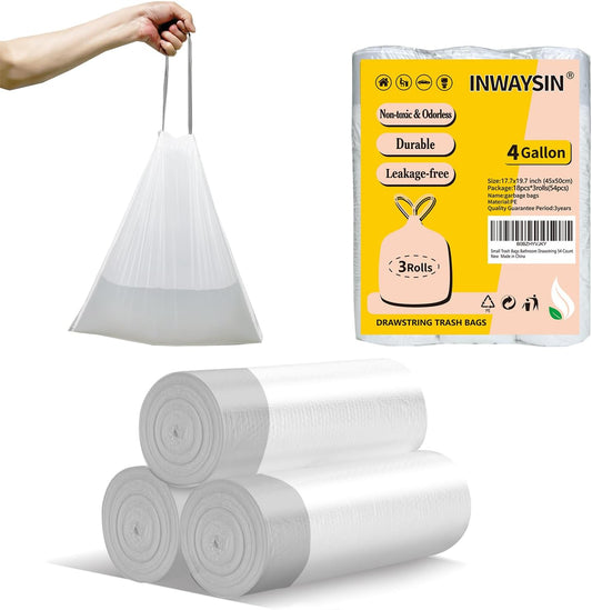 Small Trash Bags 4 Gallon Drawstring, Inwaysin 4 Gallon Trash Bag Extra Strong, Small Garbage Bags for Bathroom Can Bedroom Office Can, Unscented, Quick Cinch,15-18L, White, 54Count