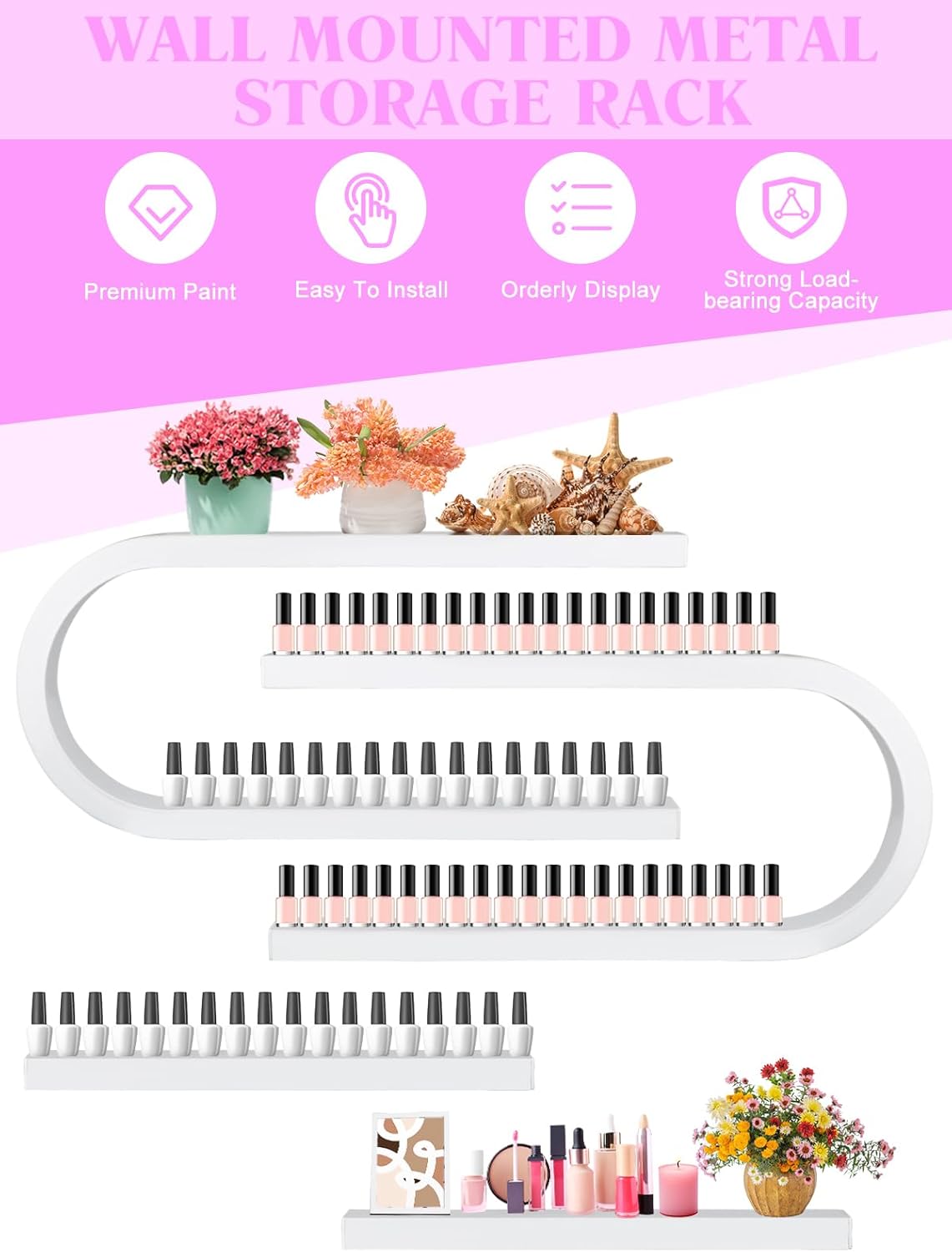 EBANKU 4PC U Shape Nail Polish Racks Heavy Duty Nail Shelfs for Wall Nail Polish Display Rack Cosmetic Display Cases Lipstick Perfume Wall Shelf Nail Polish Organizer for Home Spa Nail Salon (White)