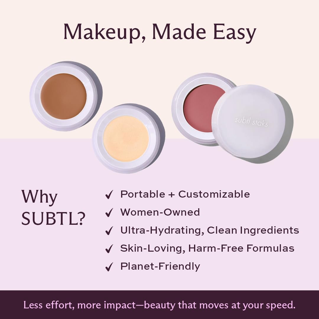 Subtl 3-in-1 Makeup Stack – Cream Bronzer, Powder Highlighter & Lip Glaze for On-the-Go Touch Ups – Lightweight, Travel-Friendly, Blendable Balm (Light/Caramel)