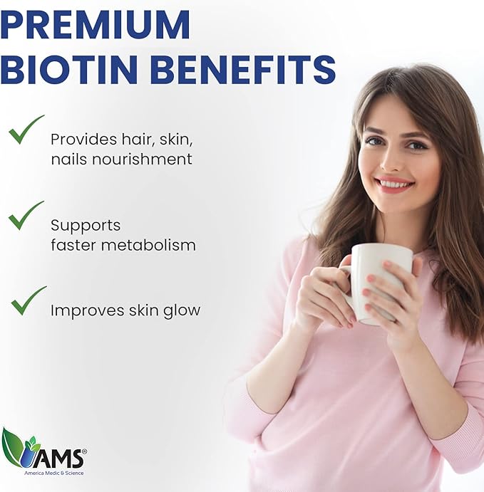 America Medic & Science High Potency Biotin 5,000 mcg | Vitamin B7 Dietary Supplement for Men and Women | Hair Growth Support | for Healthy Skin, Nails, and Metabolism