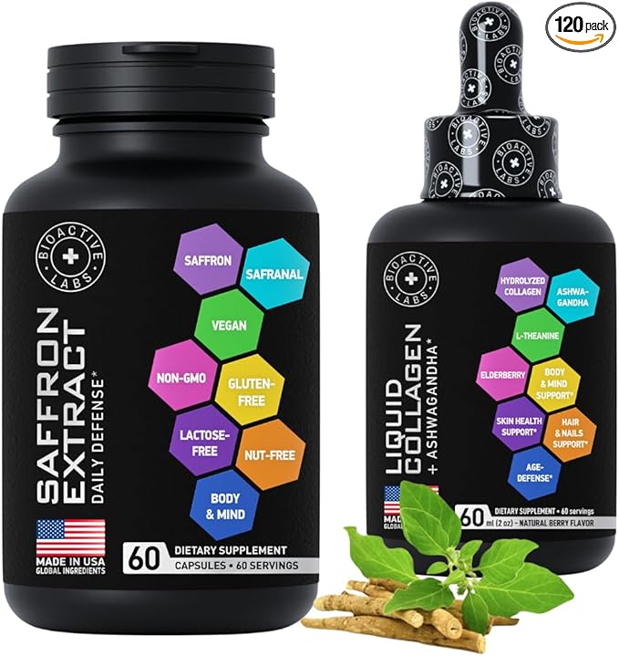 Liquid Collagen & Ashwagandha and Pure Saffron Extract Capsules Beauty and Energy Support Bundle