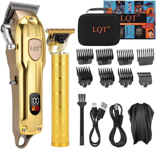 Professional Hair Clipper Set, Gold, LED Display, with Trimmer, 8 Guide Combs, Barber Shaver Set, with Travel Case and Haircut Cape (Gold)