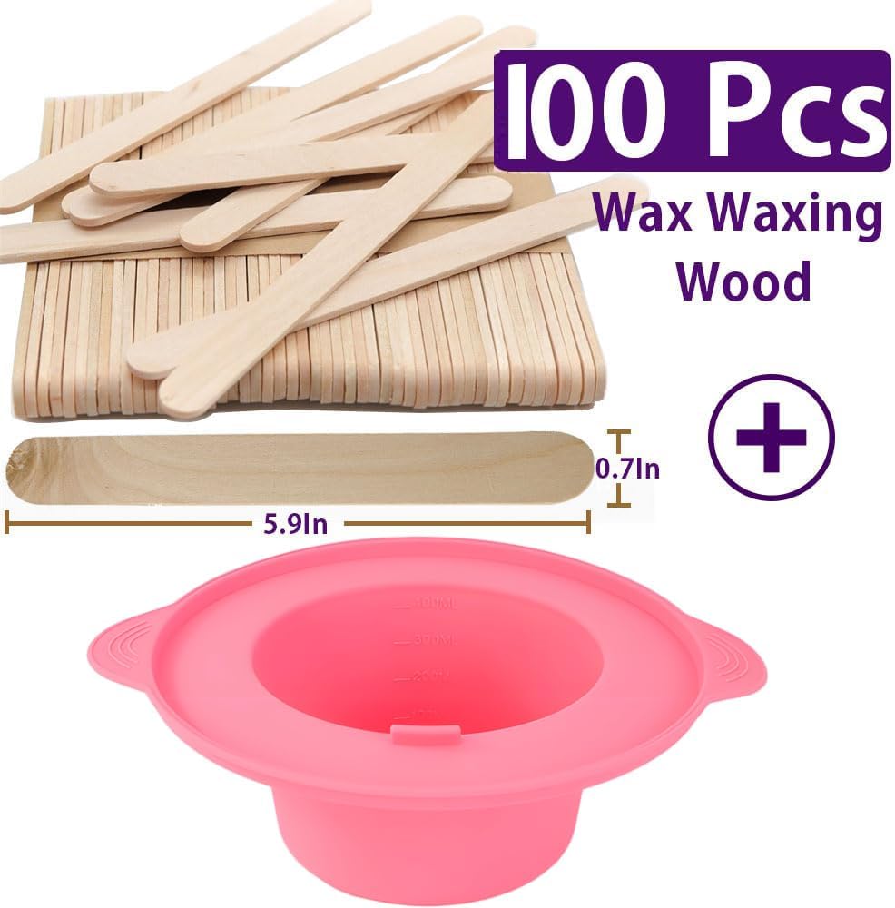 14 oz Silicone Wax Warmer Liner, Silicone Wax Bowl for Wax Warmer, Non-Stick Wax Melt Warmer Wax Pot Replacement, Reusable Wax Melt Liner with 100 Pcs Waxing Sticks Body Hair Removal Sticks Pink