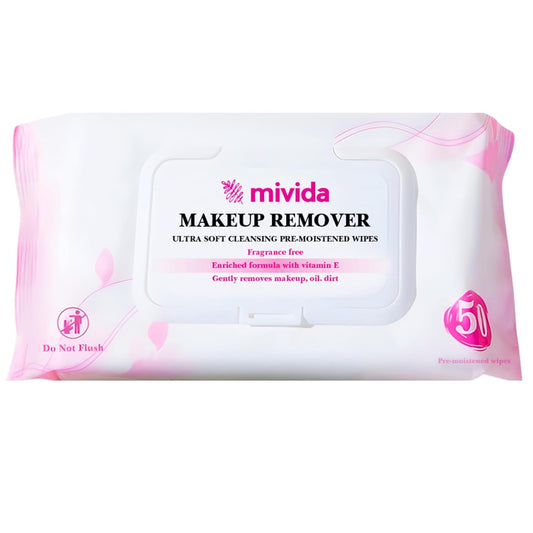 Mivida Hypoallergenic Makeup Remover Wipes | Daily Cleansing Facial Towelettes with Vitamin E For Sensitive Skin | 50 Count Fragrance-Free, Alcohol-Free Face Wipes