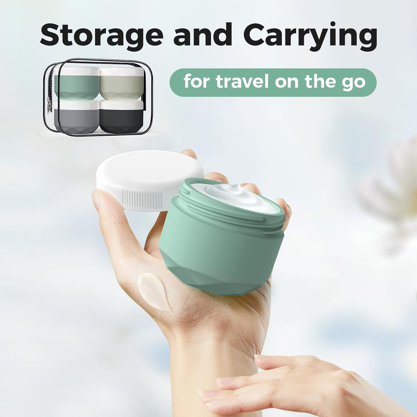 Travel Containers for Toiletries, 4-Pack TSA Approved Silicone Jars (2.5oz) - BPA Free Leakproof Cosmetic Containers for Creams, Lotion, Skincare & Makeup with Bonus Waterproof Bag