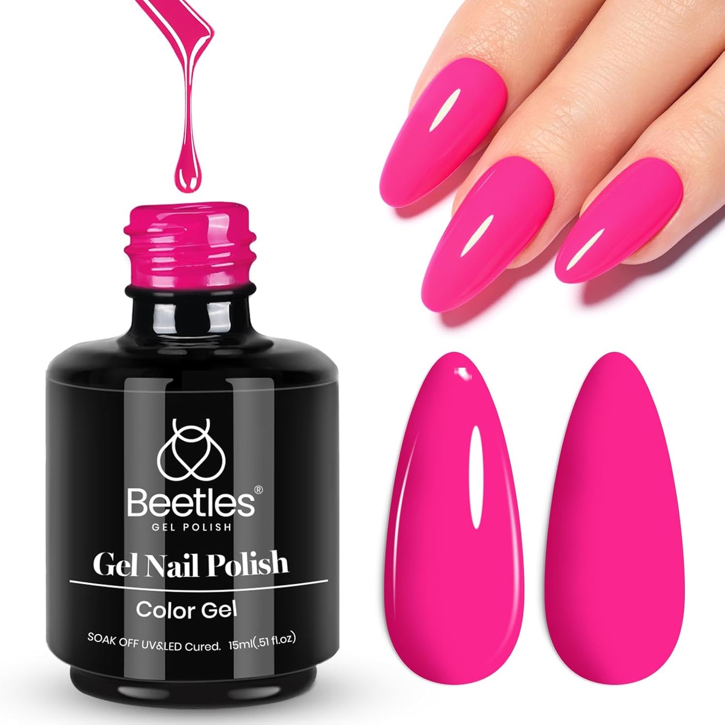 Beetles Pink Gel Nail Polish - Year 2 Kilo 15ML Gel Polish, 1 Pcs Hot Pink Colors, Soak off UV LED Lamp Nail Art Manicure Salon DIY Nail Design for Girls