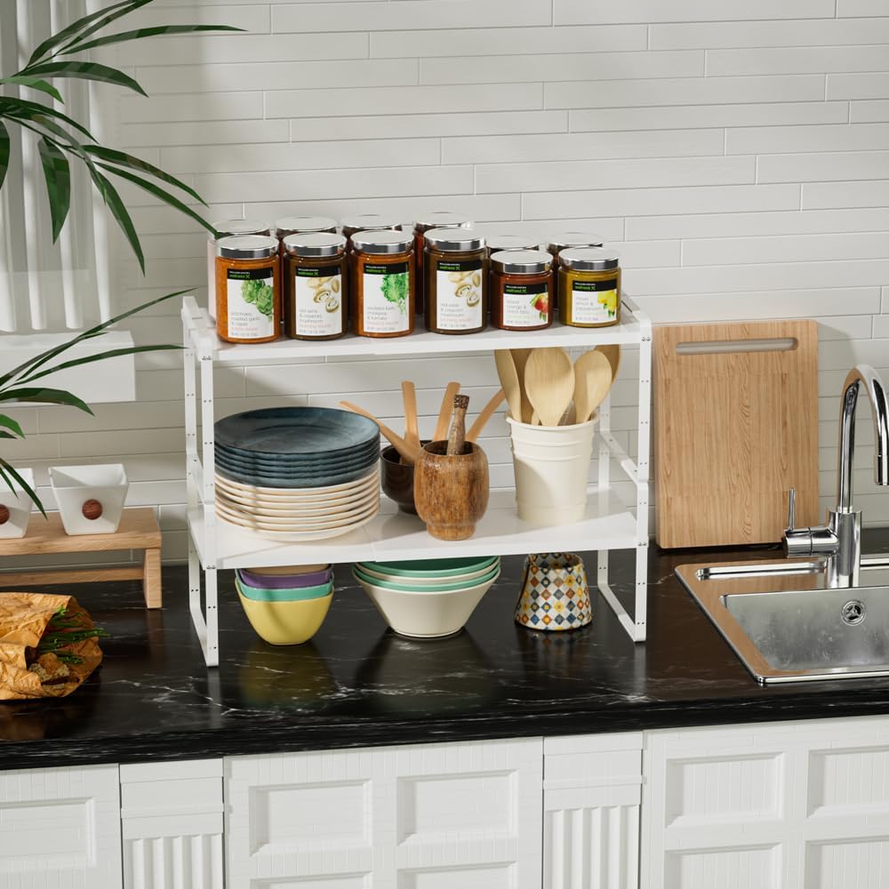 Slideep Expandable Counter Organizer Shelf, Stackable Cabinet Shelves Organizer Storage Rack Cupboard Stand Spice Rack for Kitchen Bathroom Pantry White -2 Set