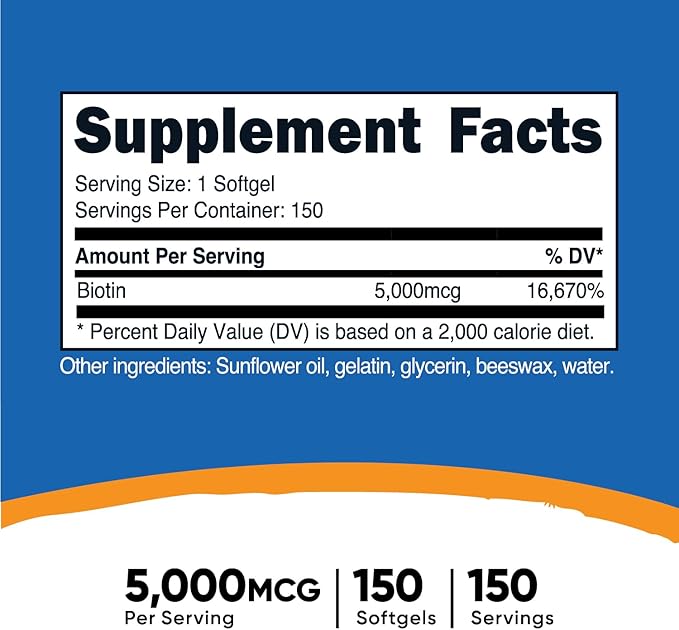 Nutricost Biotin (5,000mcg) 150 Softgels - Vitamin B7 - Gluten Free, Non-GMO