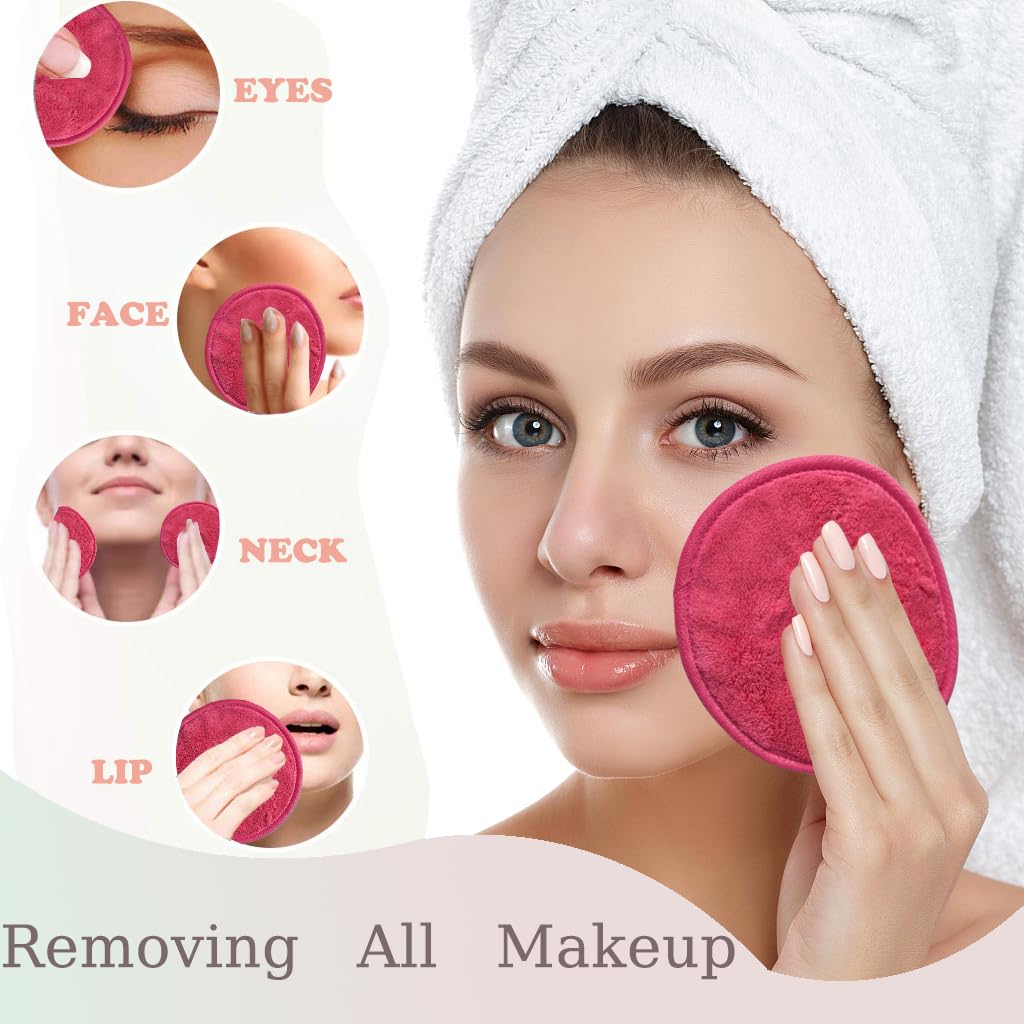 Large Reusable Makeup Remover Pads for Face, Soft Microfiber Makeup Remover Cloths Washable, Premiun 5 INCH Face Cleaning Pad with Laundry Bag, 24 Pack Pink
