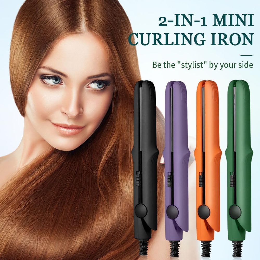 2025 New Mini Dual Purpose Curling Iron, 2 in 1 Mini Curling Wand & Flat Iron Hair Straightener, Portable Travel Curling Wand for Women Short Hair, Hair Straightener for All Hair Types (Green)