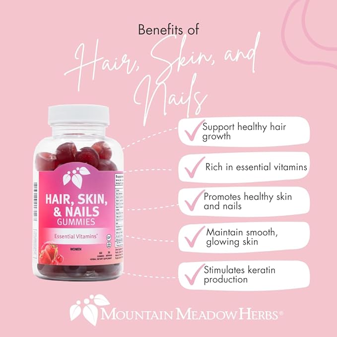 Mountain Meadow Herbs Hair, Skin and Nails Gummies - Essential Daily Support for Lush Hair, Strong Nails, and Radiant Skin with Biotin-Infused Gummies (60 ct)