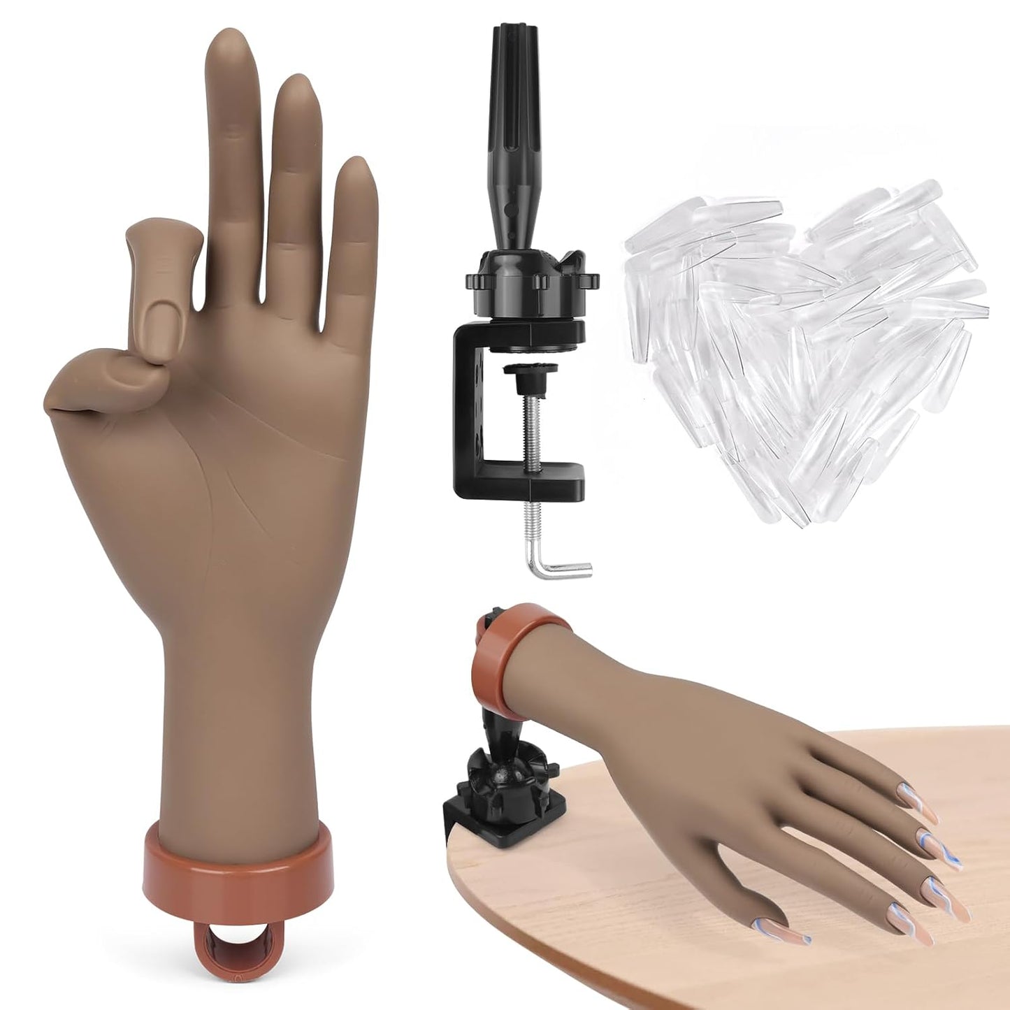 LIONVISON Practice Hand for Acrylic Nails,Flexible Mannequin Hand Model for Nails, Rubber Fake Training Manicure Hands with 240Pcs Ballerina Nail Tips, Brown
