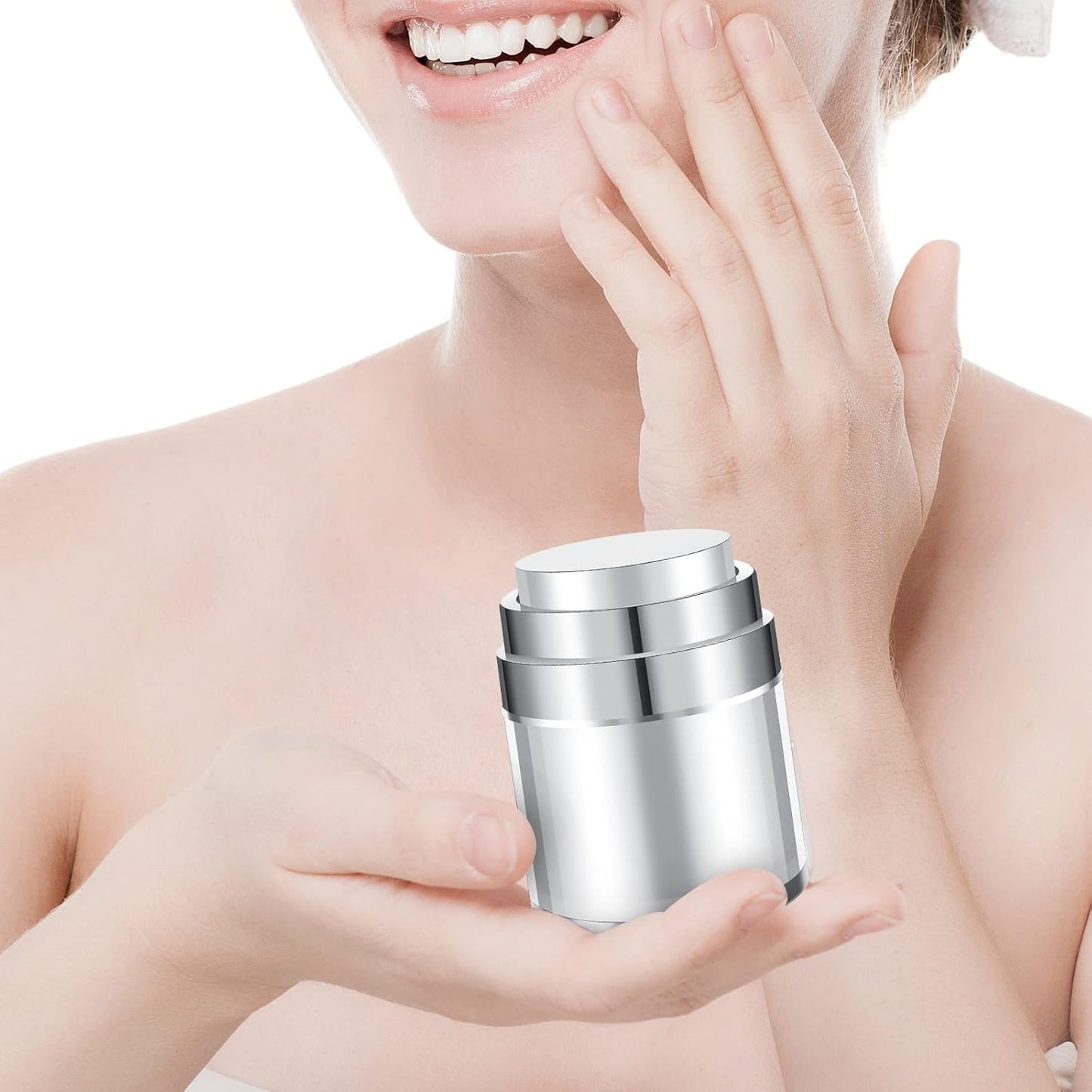 4 Pack Empty Airless Pump Jar Acrylic Airless Cosmetic Container Portable Refillable Travel Size Cream Vacuum Bottle Lotion Jar with Pump Lid for Skincare Cream, White(3.5 oz)