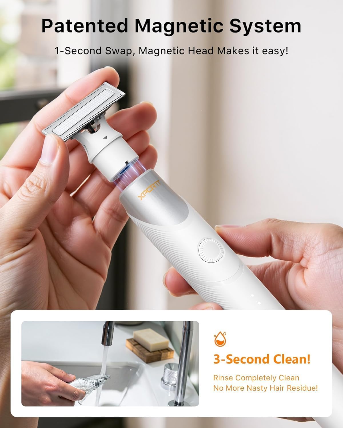 Electric Groin & Body Hair Trimmer - Painless Beard Razor for Men, All-in-One Body Groomer, Waterproof Wet/Dry Men's Ball Shaver with Magnetic Head, USB-C Charging, Easy Claen, White(Lite)