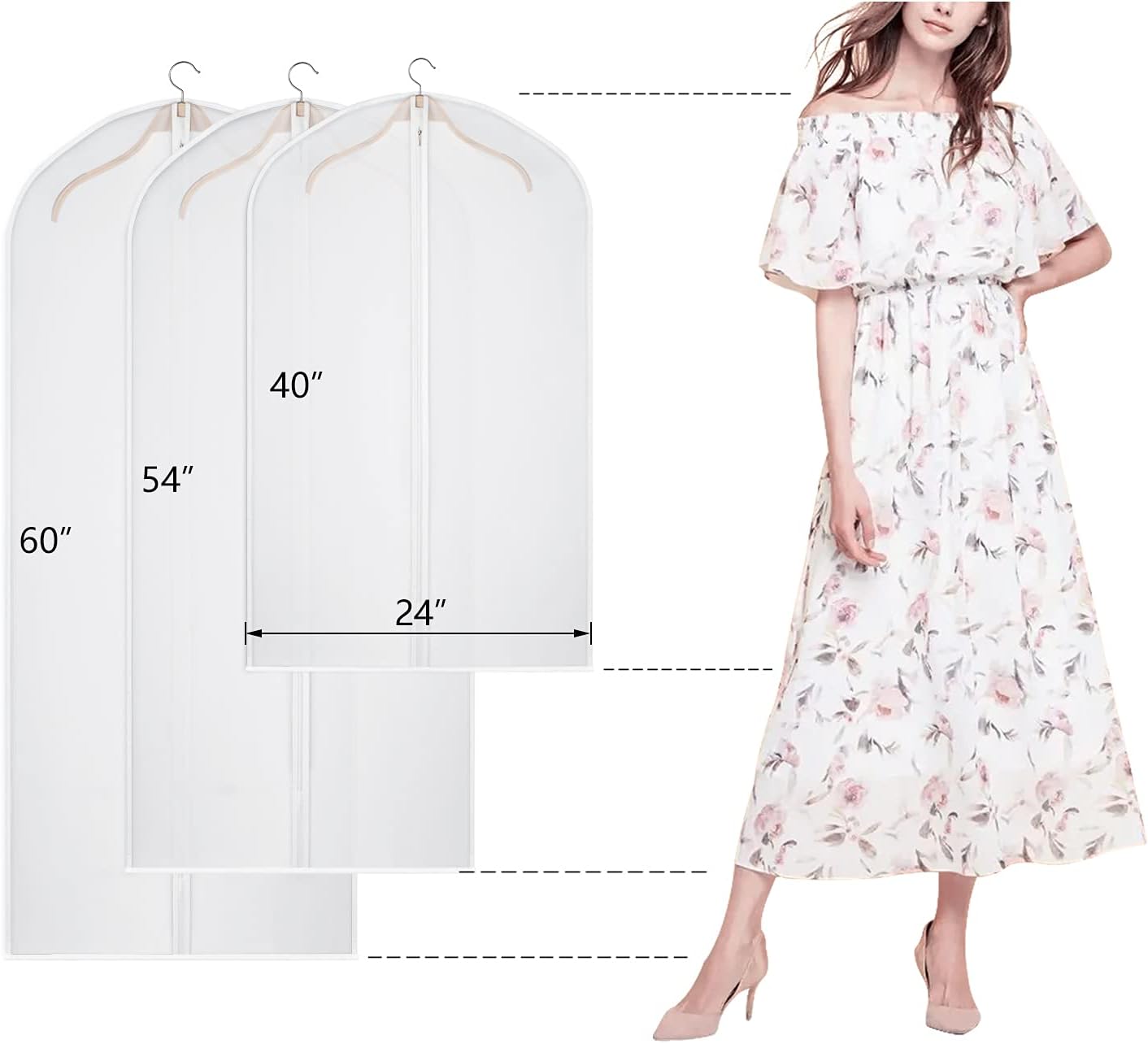 Kntiwiwo Clear Garment Bags Suit Bag for Closet Storage Set of 12 Hanging Dress Cover Bag with Zipper for Suit, Coat, Long Dresses Clothes Storage-24” x 40”/50”/60”