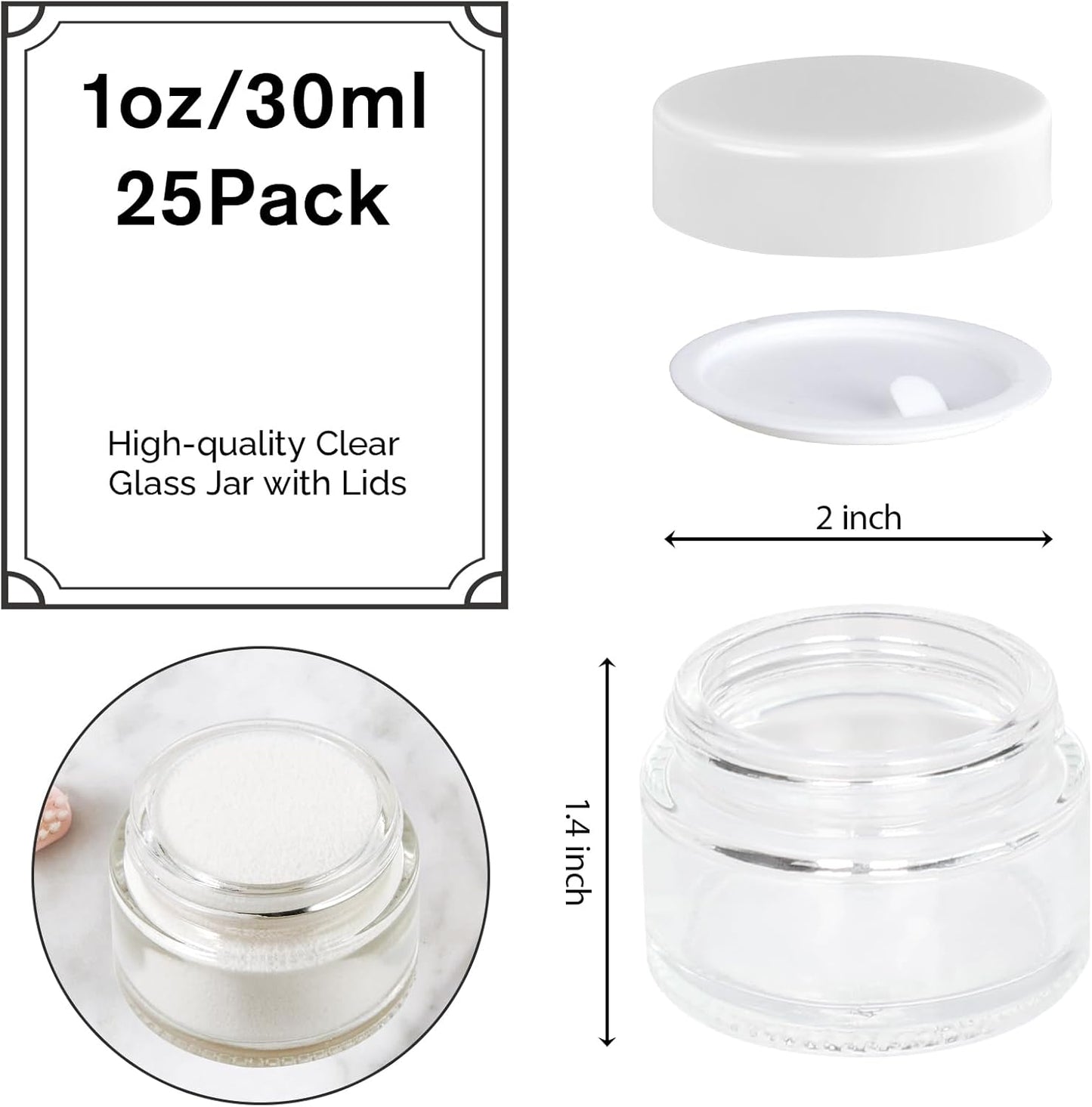 1oz Glass Jar with Lid, Hoa Kinh 25Pack Clear Round Containers Cosmetic Glass Jars with Inner Liners and White Lids Travel Jars for Storing Lip and Body Scrub, Lotion, Body Butter, Bath Salts, Liquid