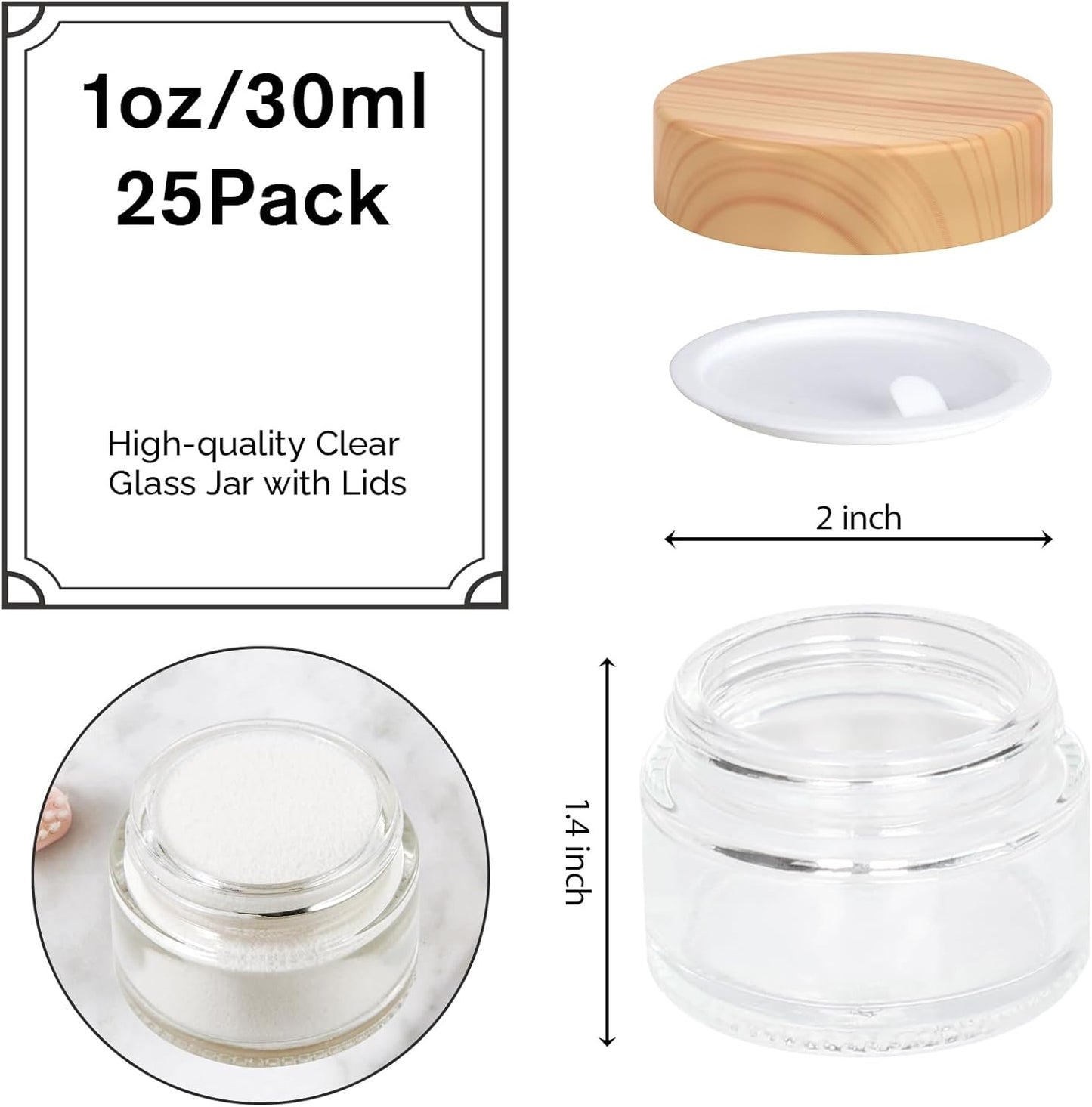 1oz Glass Jar with Lid, Hoa Kinh 25Pack Clear Round Containers Cosmetic with Inner Liners and Woodgrain Lids Travel Jars for Storing Lip and Body Scrub, Lotion, Body Butter, Bath Salts, Liquid