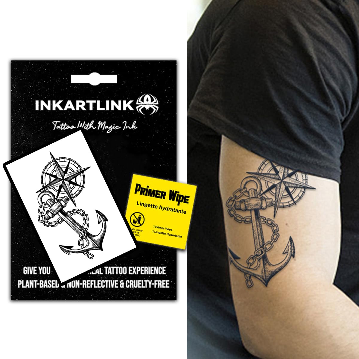INKARTLINK Semi Permanent Tattoo, Temporary Tattoo, cool boy's gift, adult art design, party gift, waterproof, realistic, no adhesive, no reflective (Star And Moon Anchor)