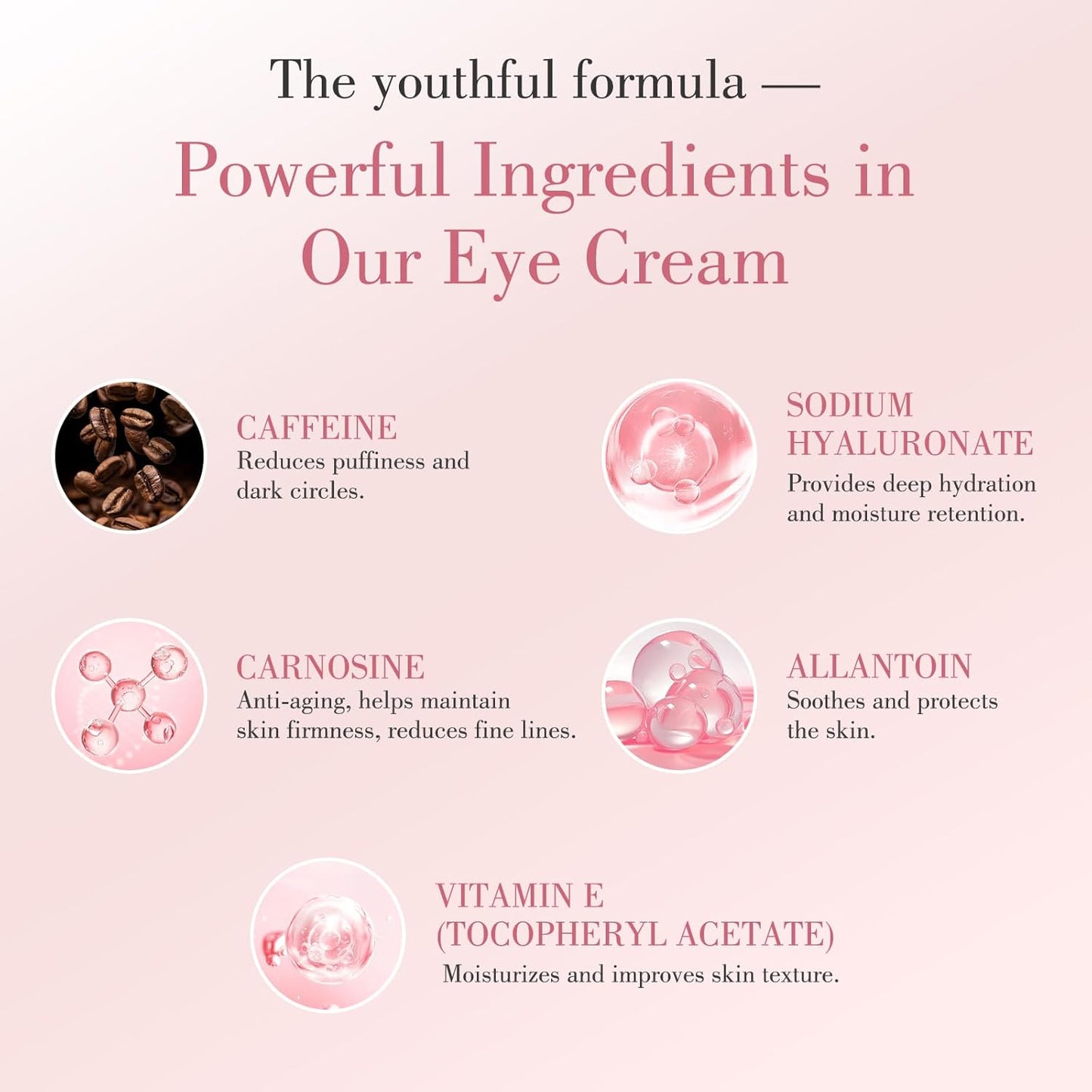 Eye Cream, Under Eye Cream with Caffeine + Hyaluronic Acid + Vitamin E, for Puffiness, Wrinkles & Fine Lines, Daily Cream for Moisturizing and Hydrating, Skin Care for Face, 1.05 Fl Oz