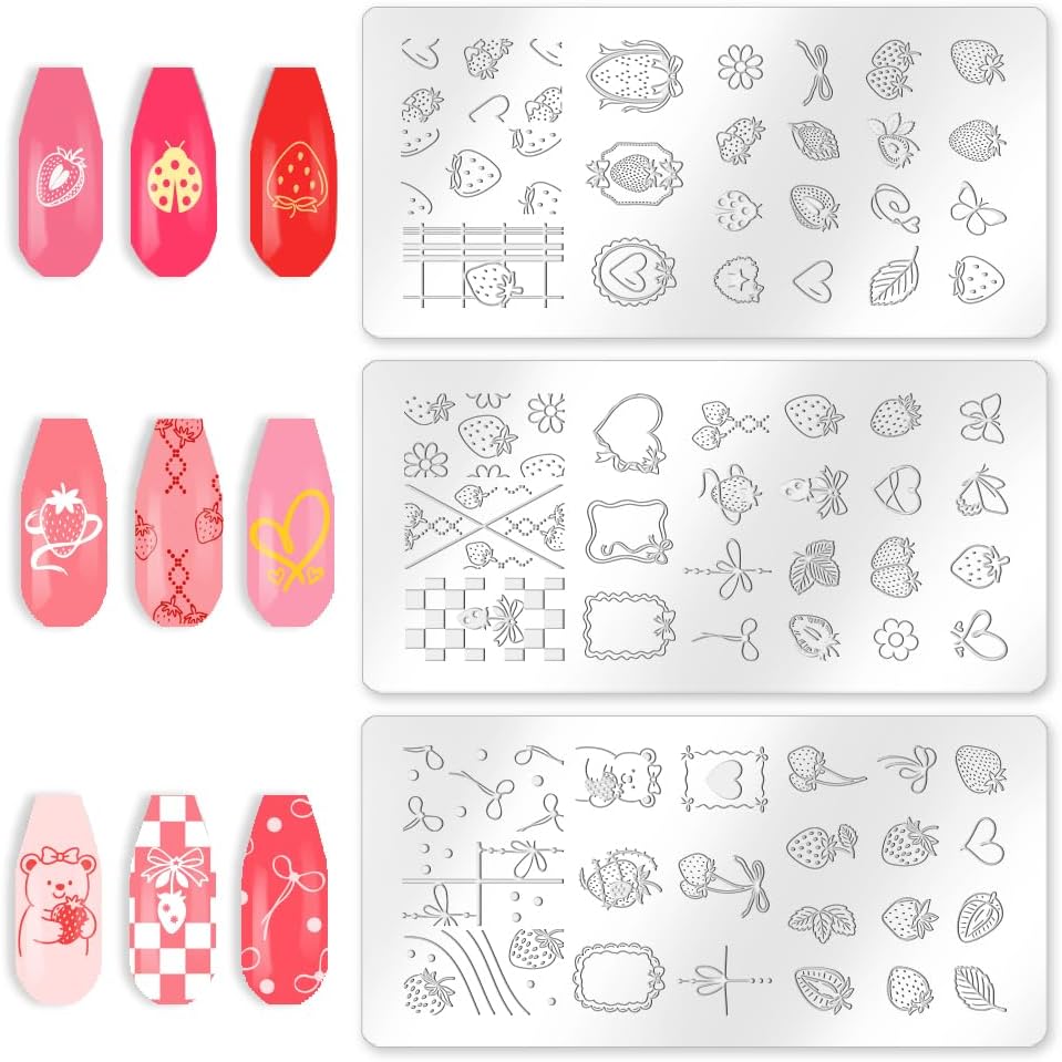 3Pcs Strawberry Nail Stamping Plate Heart Bow Nail Art Stamp Templates Stainless Steel Reusable Tools with Stamper Scraper for Manicure Printing