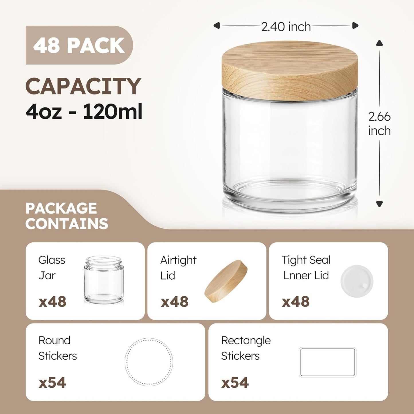 4 oz Glass Jar with Bamboo Lids, 48 Pack Small Glass Candle Jars with Lids & Sticker, Empty Cosmetic Containers for Sample, Cream, Spice, Lotion, Ointments