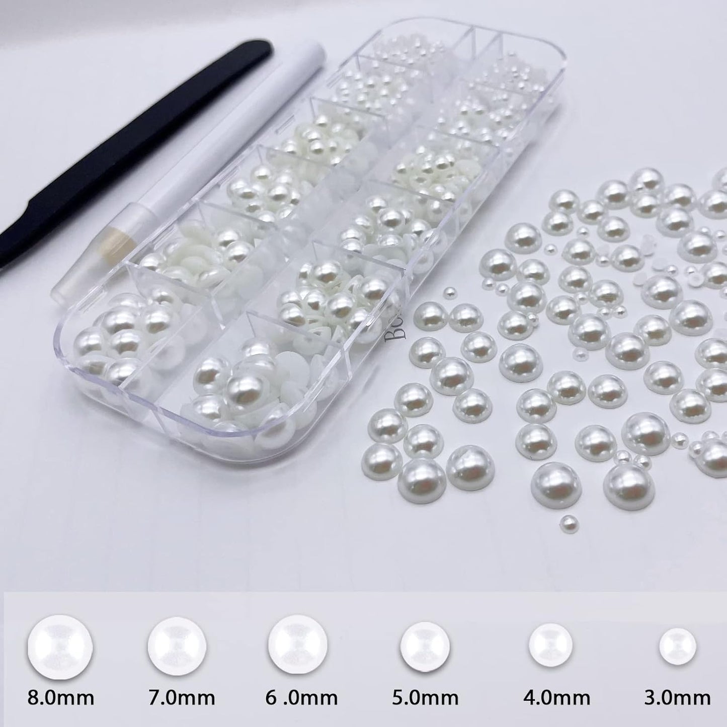 Gems Flat Back Pearls and Rhinestones for Nails,Crystals Nail Charms Diamonds for Acrylic Nails,Tiny Nail Pearls Beads for Nail Art,Small Eye Jewels Rhinestones Pearls,with Wax Pen And Tweezers(White)