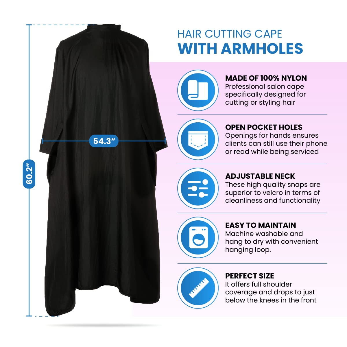 Hair Cutting Cape with Armholes - Professional 100% Nylon Black Salon Cape - Lightweight, Water-Resistant Hairdresser Smock for Cutting, Coloring, and Styling - Comfortable Gown for Salon or Home