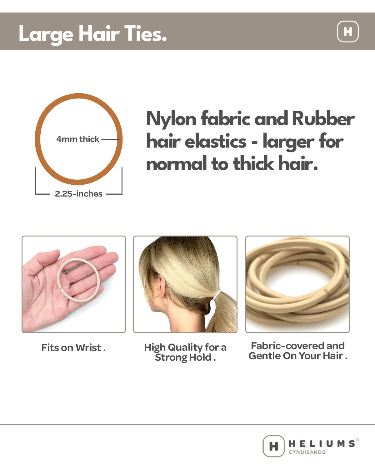 Heliums Large Hair Ties - Platinum White - 30 Pack, 2.25 Inch Thick Ponytail Holders, 4mm Hair Elastics