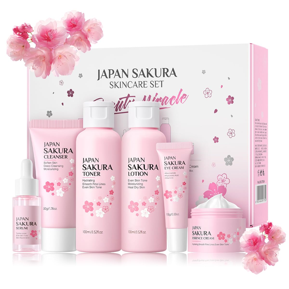 6PCS Sakura Skin Care Set, Skin Care Set Includes Facial Cleanser, Toner, Lotion, Essence, Eye Cream And Face Cream, Beauty Travel Skin Care Gift Set Suitable For Girls