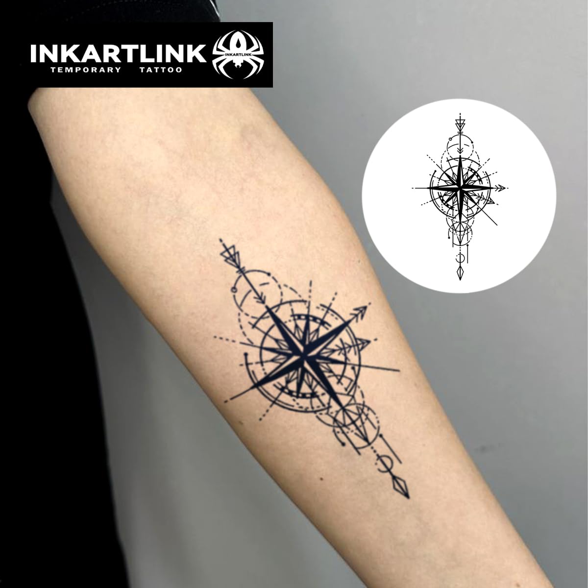 INKARTLINK Semi Permanent Tattoo, Temporary Tattoo, cool boy's gift, adult art design, party gift, waterproof, realistic, no adhesive, no reflective (Commander and Astrolabe)