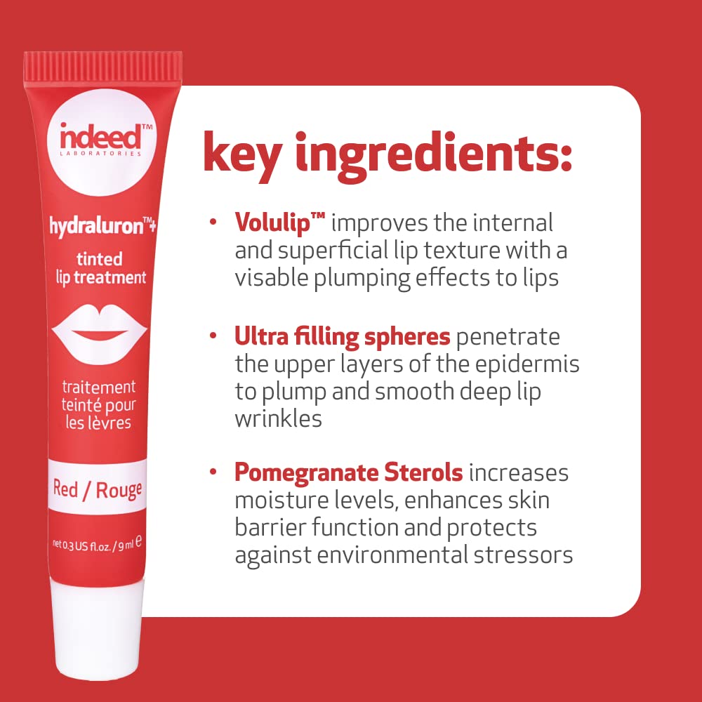 INDEED LABS Hydraluron + Tinted Lip Treatment, Hydrating Anti-Aging Lip Balm Treatment for Smooth Lips with Natural, Subtle Color, 9ml (Red)