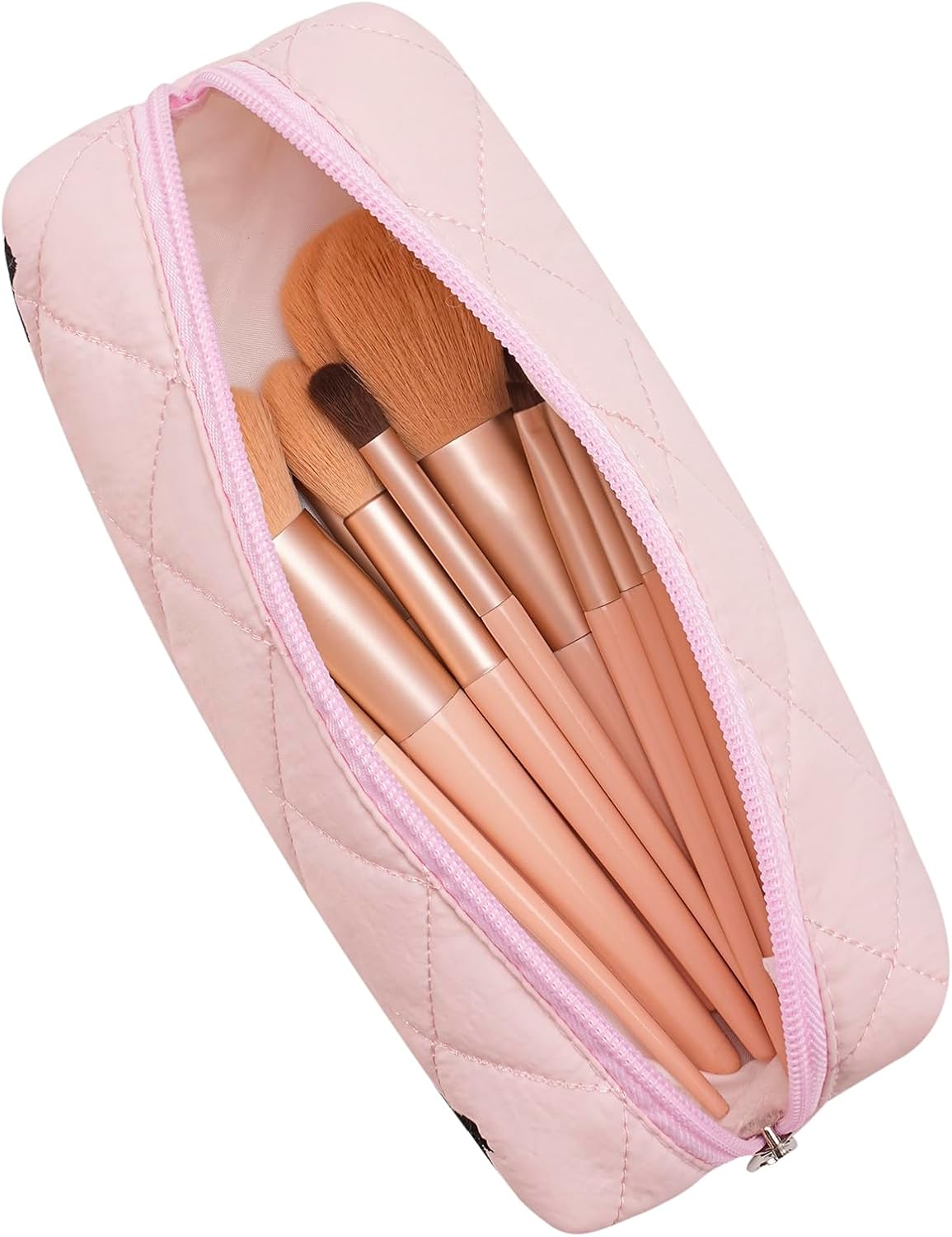 Cute Floral Cotton Makeup Brush Cosmetic Bag for Women, Travel Quilted Zipper Make Up Bag, Flowers Toiletry Organizer Case Kawaii Makeup Cosmetic Travel Cloth Pouch (Pink)