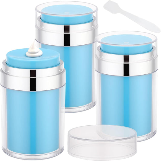Segbeauty Airless Jar 3.4oz Travel Bottles for Toiletries, 3pcs Empty Plastic Travel Cream Jars with Lids, 100ml Blue Lotion Pump Bottles, Vacuum Skincare Cosmetic Containers Refillable Pump Dispenser