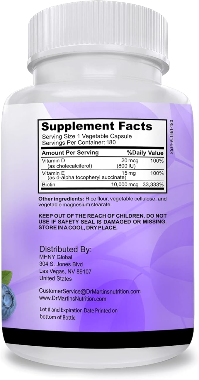 Potent Biotin (Vitamin B7) 10,000 mcg with Vitamins D & E Supplement | 180 Count | Hair, Skin And Nails | For Thicker & Stronger Hair Growth | Healthy, Youthful Skin & Strong Nails | Energy Support