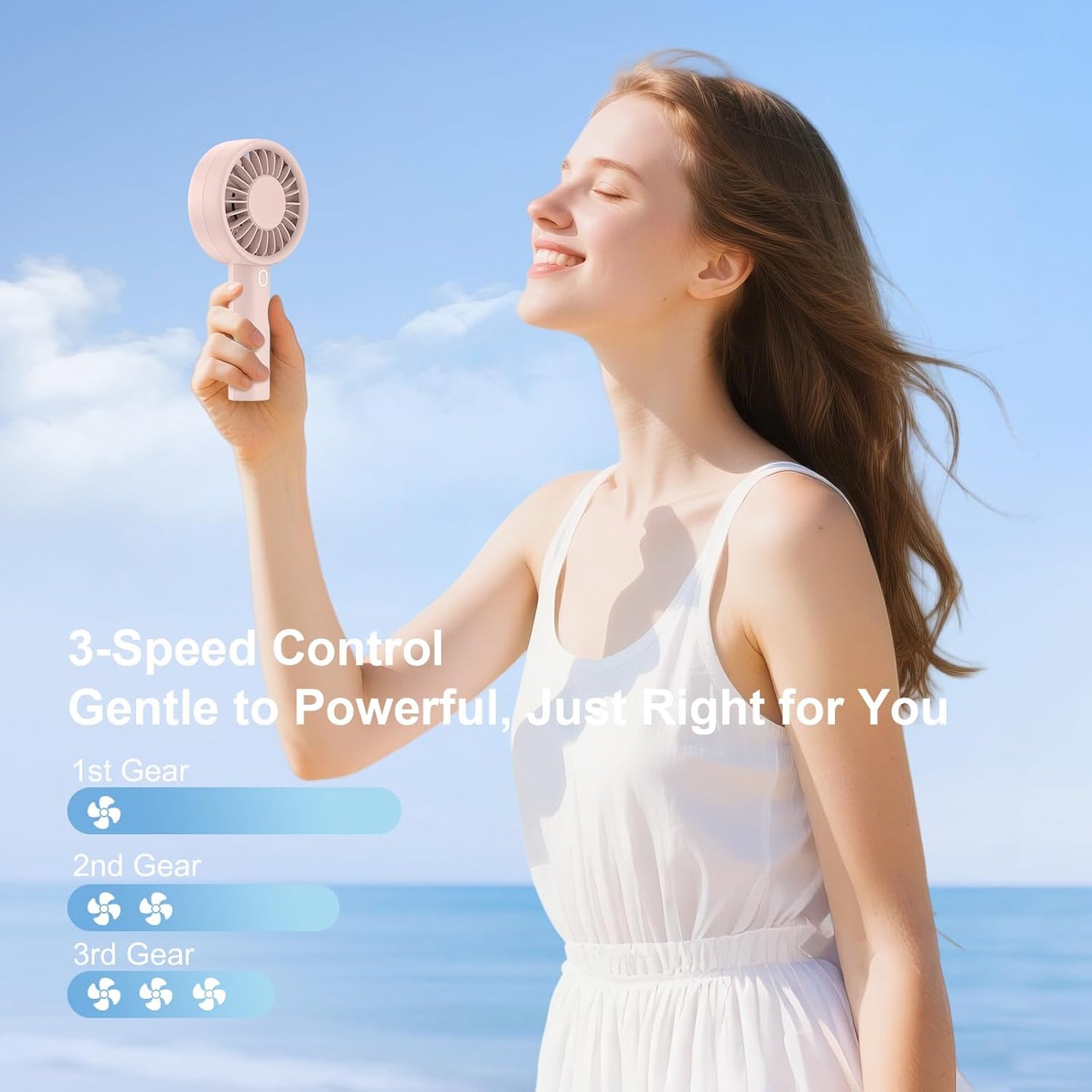 Portable Handheld Fan, USB Personal Fan Rechargeable Battery Operated 10H Working Cooling Time Mini Small Design with Base for Desktop/Travel/Outdoor/Vacation/Concerts/Lash Makeup-Pink