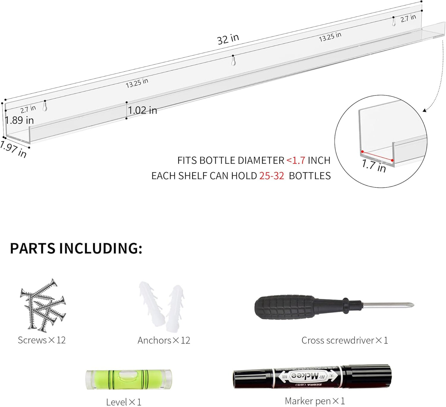 Nail Polish Rack Shelf for Wall, Clear Organizer Wall Mounted, 32 Inches Acrylic Shelf for 192 Bottles, 6 Pack