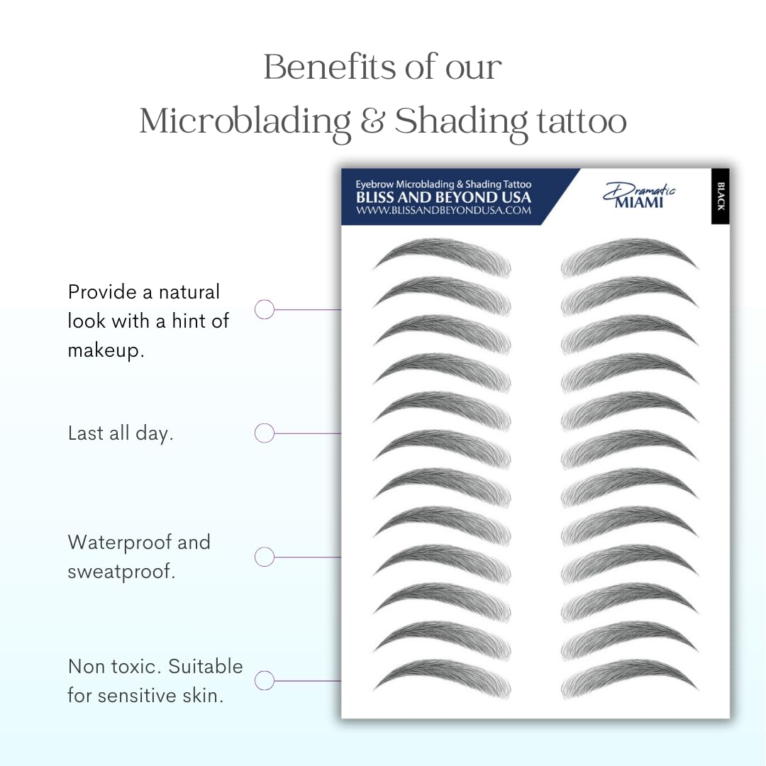 Bliss and Beyond USA Waterproof Eyebrow Tattoo Sticker - Long-Lasting, Natural looking Fake Eyebrow for Bald Spots, Alopecia, Chemo, Cancer gift. | Same Size tattoo | 2 Sheets (Dramatic Miami, Black)