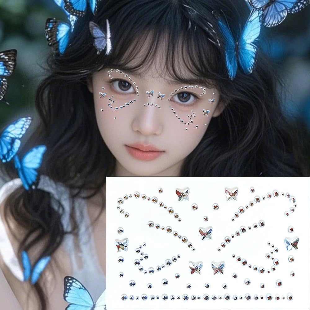Crystal Butterfly Face Gems Pink Face Jewels Fake Butterfly Gems Tattoo Stick on Eye for Men Women Kids Halloween Prank Makeup Costume，2-Pack