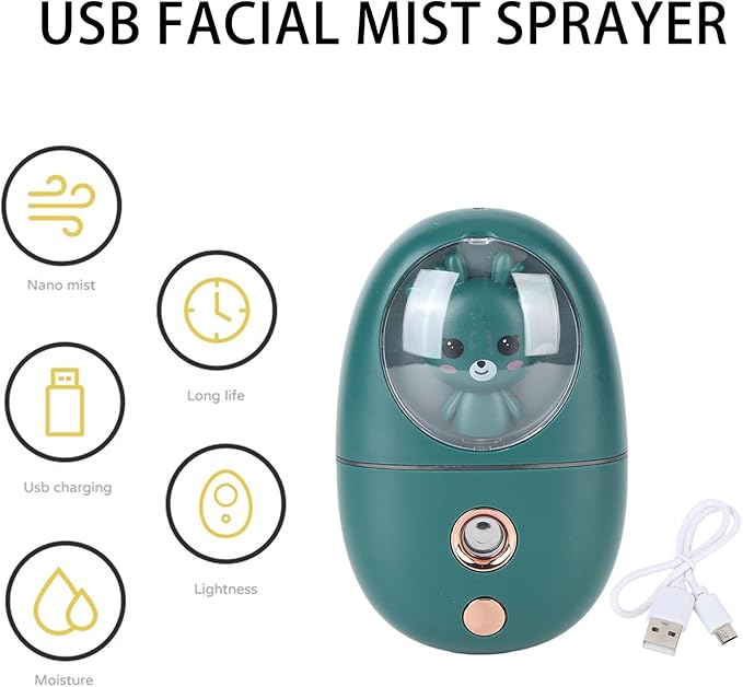 Facial Mist Sprayer, Cute Animal Mini Face Steamer Portable Facial Mist Sprayer Facial Steamer for Travelling 35ml 500mah (Green)