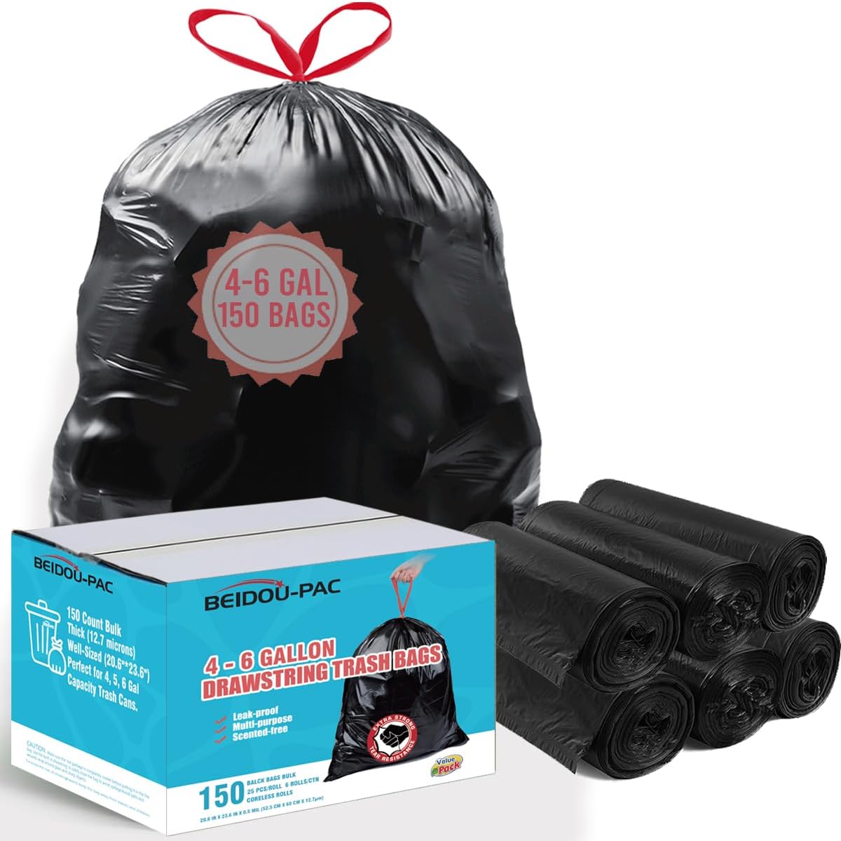 4-6 Gallon Trash Bags Drawstring, 150 Count Bulk Value Pack, Black & Unscented Multi-purpose Garbage Bags for Business Home Bathroom Kitchen Commercial and Industrial