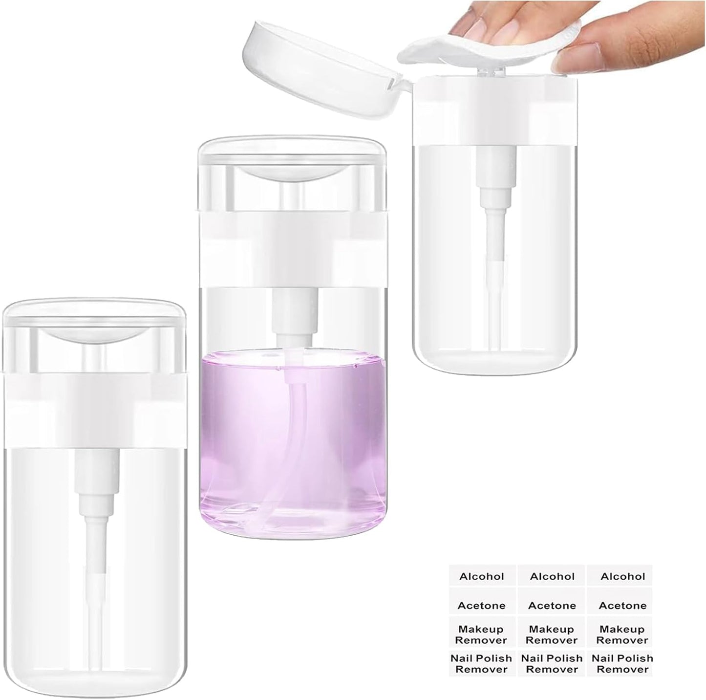 Moonlik 3Pack Acetone Dispenser, Push Down Pump Dispenser Nail Polish Remover Alcohol Bottle with Labels Empty Travel Container with Label for Makeup Liquid Jar 5.1oz/150ML
