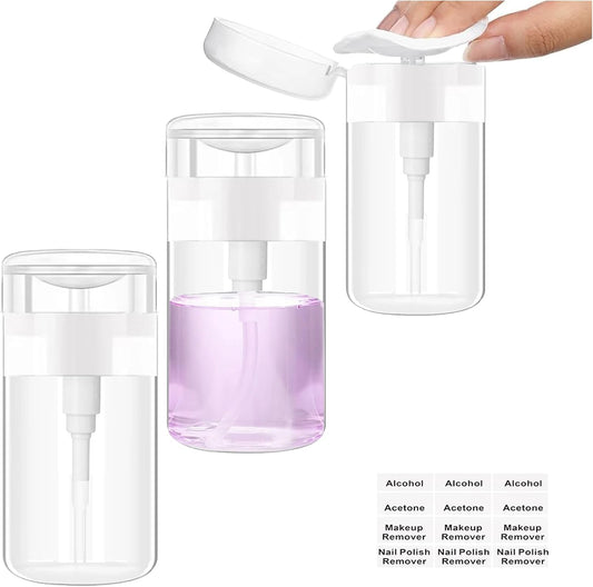 Moonlik 3Pack Acetone Dispenser, Push Down Pump Dispenser Nail Polish Remover Alcohol Bottle with Labels Empty Travel Container with Label for Makeup Liquid Jar 5.1oz/150ML
