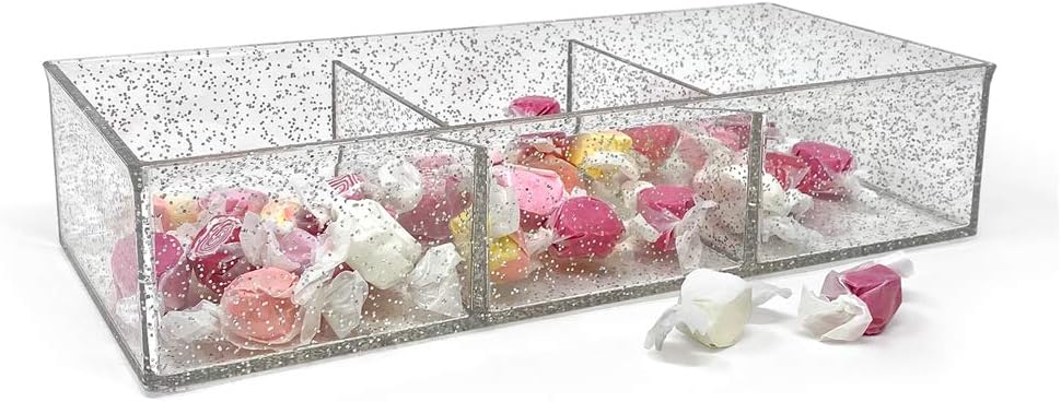 Isaac Jacobs Large 3-Compartment Acrylic Stackable Organizer (12.9" L x 5" W x 2.7" H), Multi-Sectional Tray & Storage Solution for Makeup, Craft Supplies, Bathroom, Kitchen, Office (Silver Glitter)