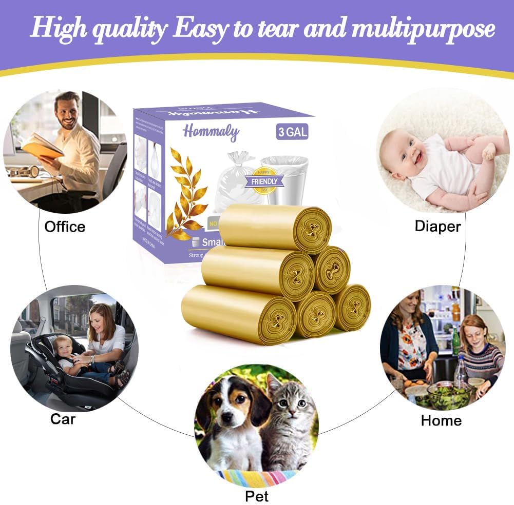 3 Gallon 180pcs Small Gold Trash Bags(Fit 2.6-3.2 Gal) Plastic Strong Gold Garbage Bags, Bathroom Trash Can Bin Liners, Waste Basket Liner, Fit 10-13 Liter, 2.5-2.6 Gallon,3.2Gallon(3-Gold180)