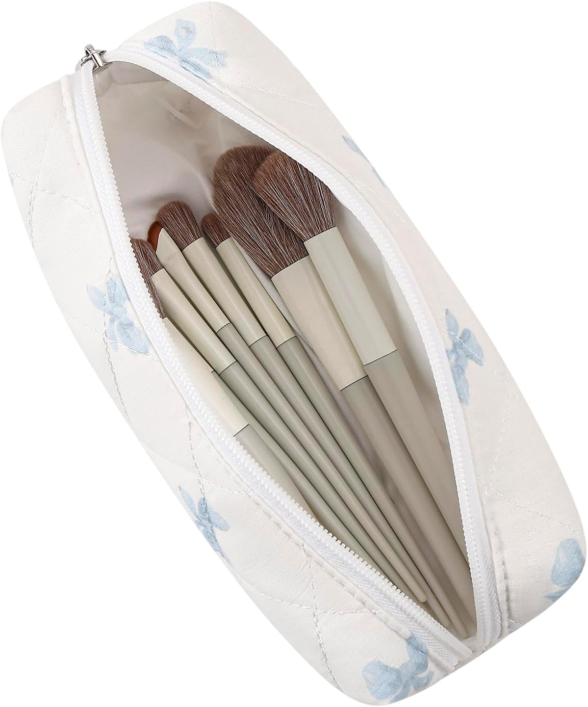 Cute Floral Cotton Makeup Brush Cosmetic Bag for Women, Travel Quilted Zipper Make Up Bag, Flowers Toiletry Organizer Case Kawaii Makeup Cosmetic Travel Cloth Pouch (Blue Bow Tie)